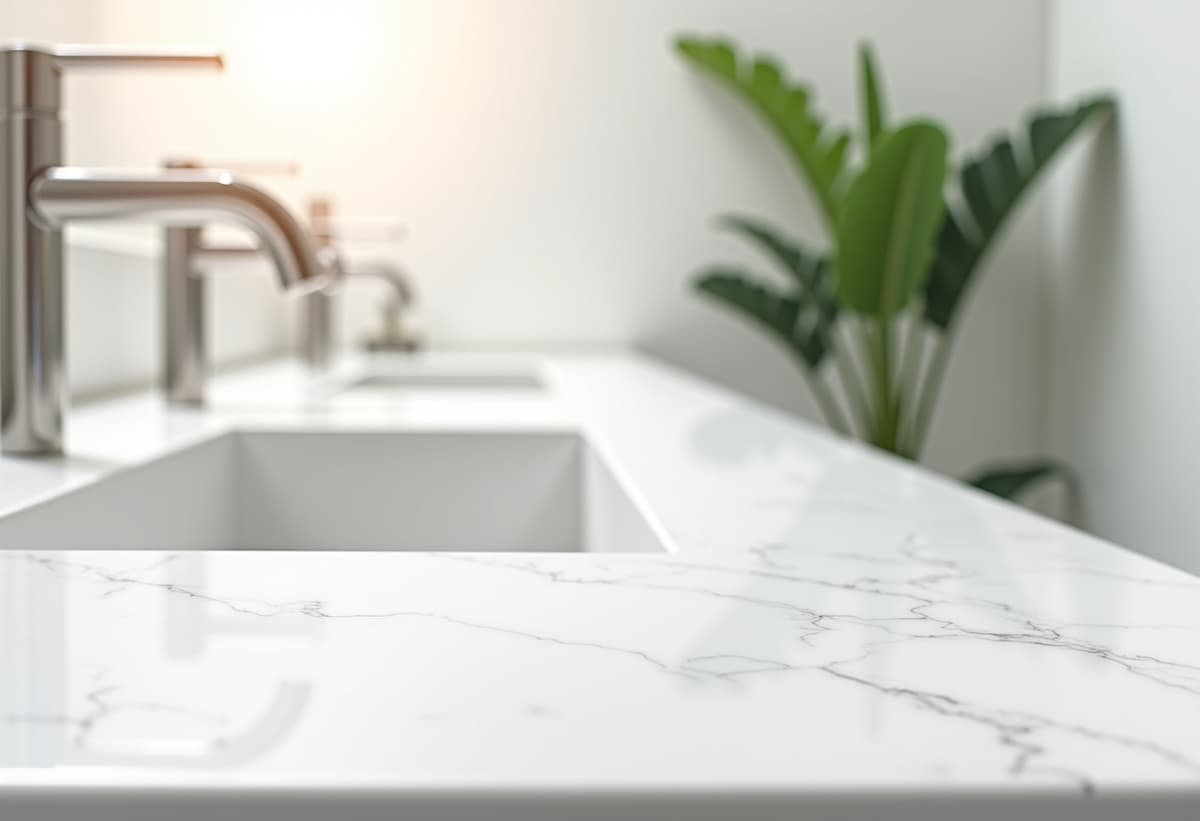 Clean and modern bathroom with new white quartz countertops