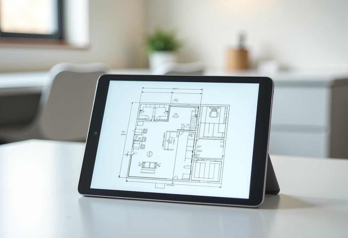 bathroom remodeling budget planner on a tablet with blueprints