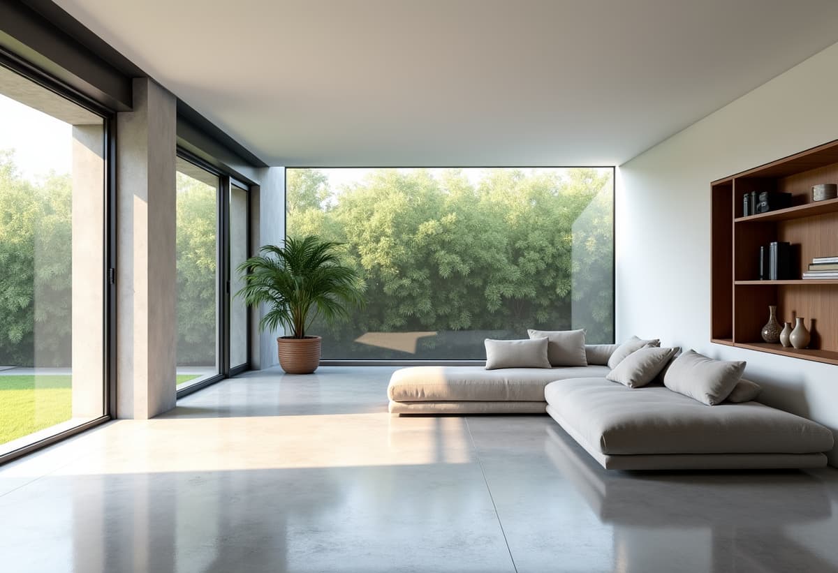 Garage converted into modern living space with couch and large window