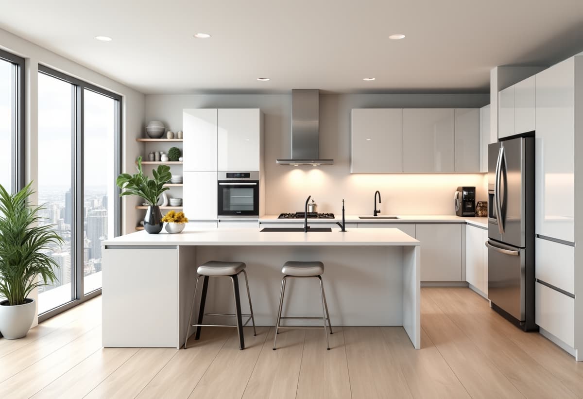 Before and after of a modern kitchen remodel, showing new cabinets, countertops, and lighting. This image represents the high-quality home renovation ideas available in the San Antonio area.