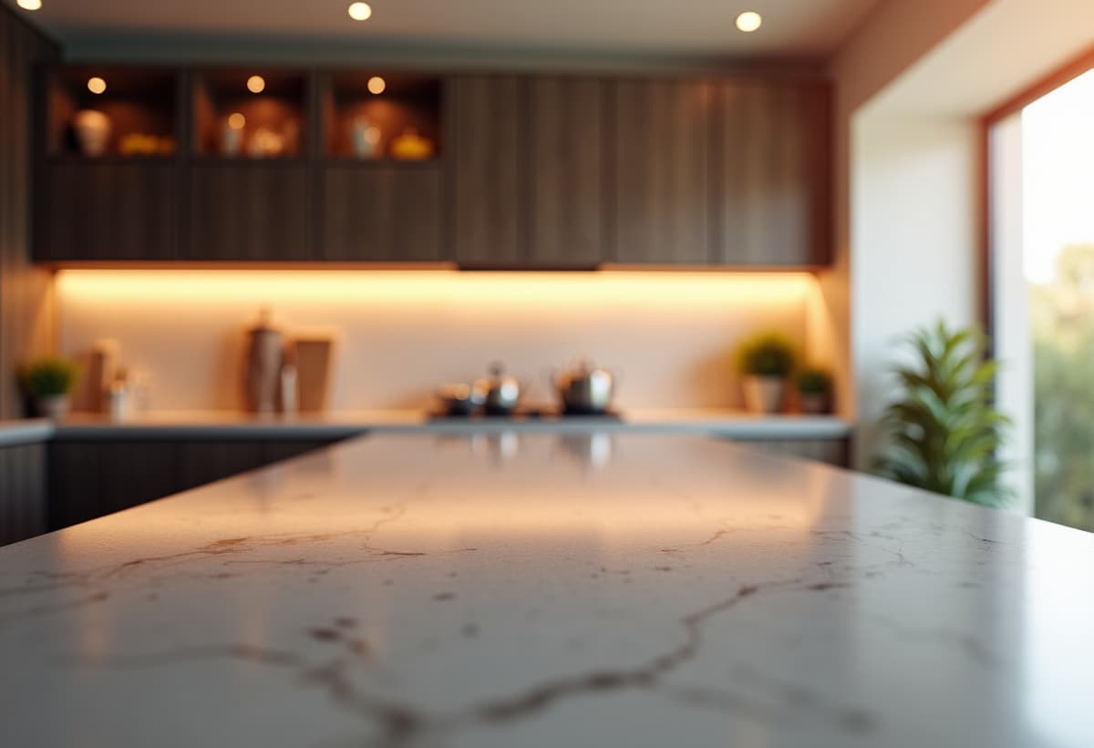 Modern kitchen with large island and sleek lighting