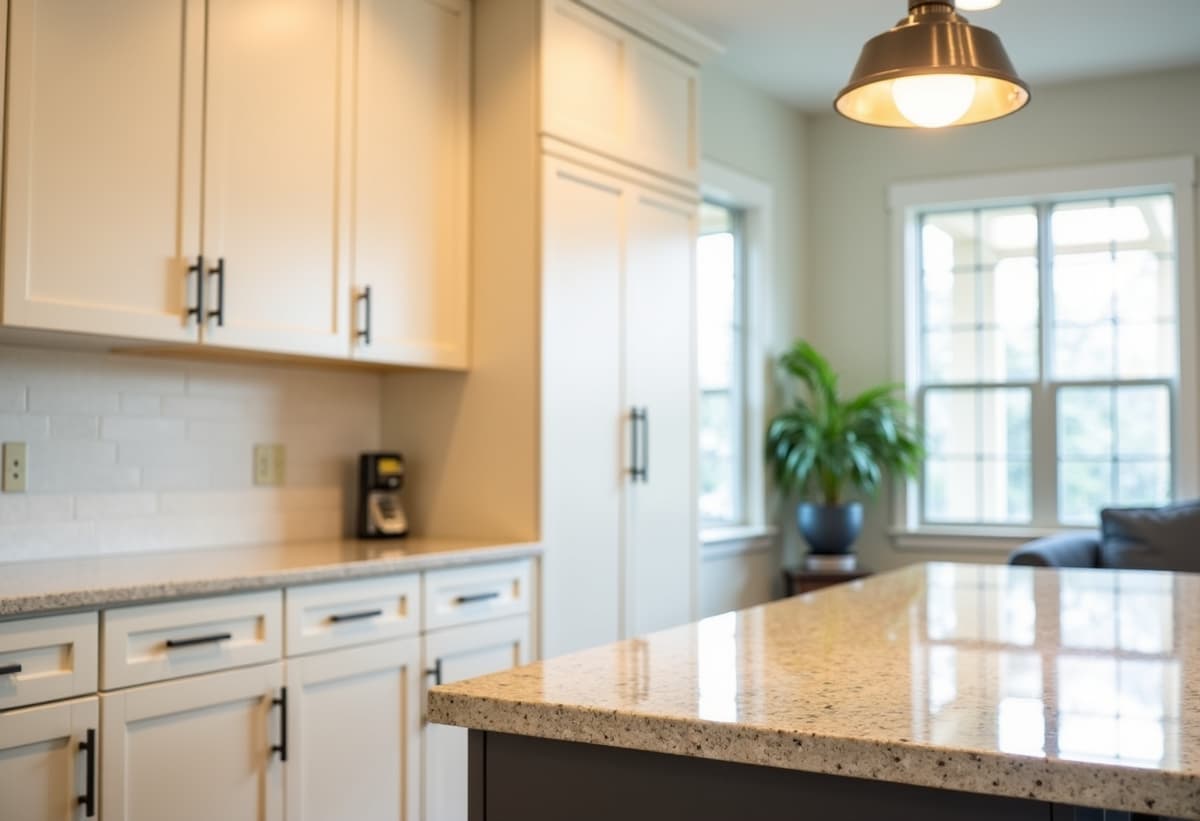 Stylish kitchen with custom cream cabinets, granite countertops, and modern pendant lighting in a Universal City home