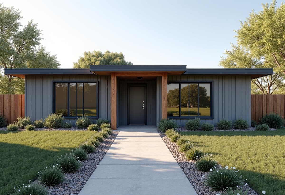 Mid-century modern home exterior after renovation with updated landscaping in Windcrest