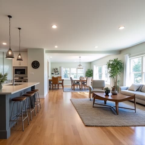 Open concept conversion in a 1970s ranch home, showcasing a modernized kitchen, living, and dining area with new flooring, light fixtures, and a bright, airy feel. Structural changes like wall removal and ceiling vaulting are evident, transforming a dated layout into a contemporary open-plan space perfect for modern living and entertaining. Designed for San Antonio homeowners seeking to update their mid-century properties.