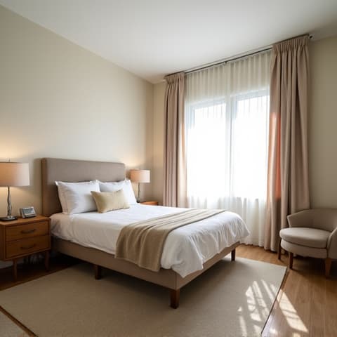 A tranquil bedroom in a mother-in-law suite located in Timberwood Park, designed for relaxation and comfort. The room features soft lighting, a comfortable bed, and ample storage, providing a private and peaceful retreat for residents.