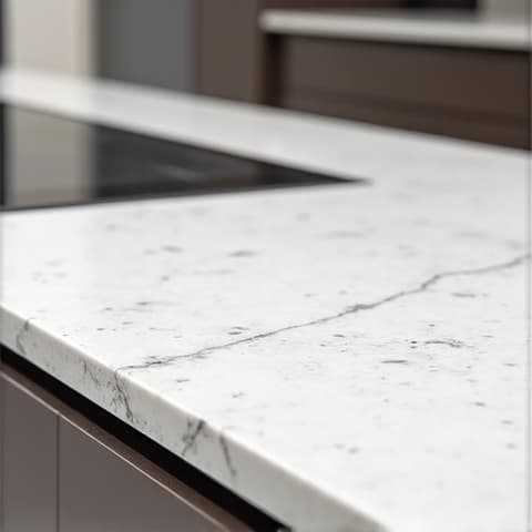 Luxurious Caesarstone quartz countertops in a New Braunfels kitchen remodeling project, featuring a sophisticated light gray pattern with subtle veining. This surface offers exceptional beauty and performance, suitable for high-traffic areas.