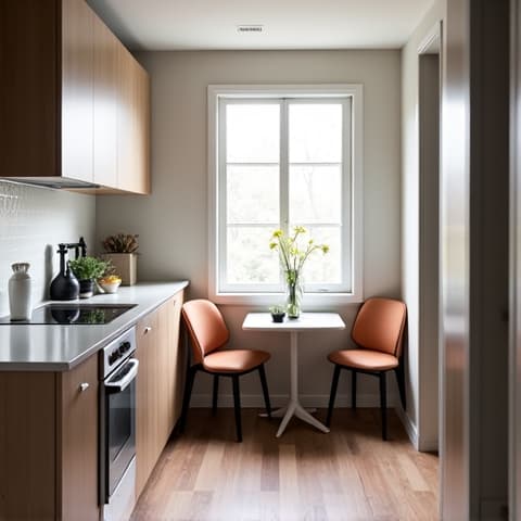 A compact, fully-equipped kitchen and dining area within a mother-in-law suite in San Antonio, optimized for functionality and space efficiency. It features modern appliances, ample storage, and a small dining nook, ideal for independent living.