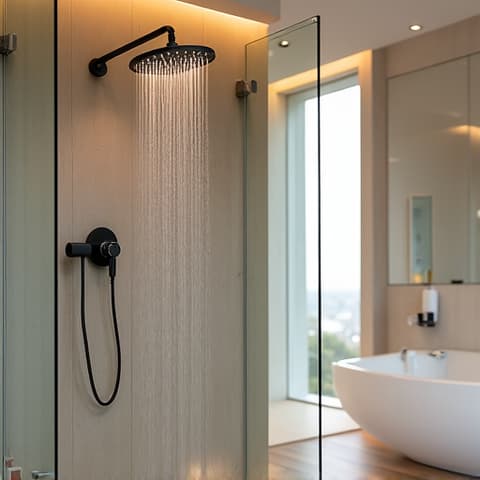 Converse bathroom renovation with spa-like amenities. Luxurious bathroom remodel showcasing a spacious walk-in shower with rainfall showerhead, elegant tiling, and a double vanity, creating a spa-like retreat in a Converse home.