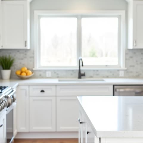 Light and bright kitchen in Converse, TX, after cabinet refacing with crisp white doors and modern hardware.
