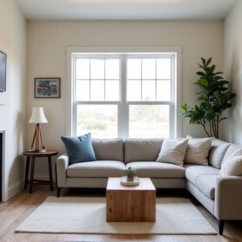 A bright and cozy living area in a newly constructed ADU in Schertz, Texas, designed for comfort and independent living. The space is furnished with modern, comfortable seating, natural light, and accessible pathways, perfect for a senior resident.