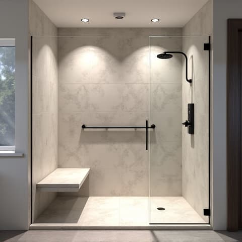 Custom shower design in a San Antonio master bath, featuring rainfall showerheads, integrated seating, and premium glass enclosures for a luxurious experience.