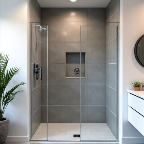 A custom-designed tile shower in a Timberwood Park residence, showcasing intricate tile work, a built-in niche, and a frameless glass door for a luxurious feel.