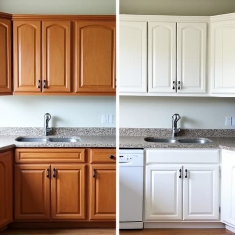 Before and after of a kitchen cabinet refacing project in Converse, TX, showing a modern white finish.