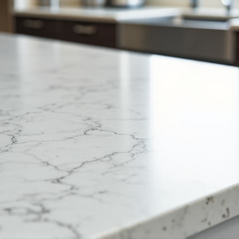 Kitchen with stunning white Calacatta Quartz countertops recently installed in a San Antonio home. Elegant and modern quartz countertop, professional countertop installation service, durable kitchen surface.
