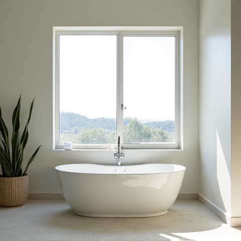 Live Oak Master Bathroom: Spa-like Shower & Double Vanity. Serene master bathroom in Live Oak, featuring a spacious walk-in shower with rain head and an elegant double vanity with contemporary mirrors.