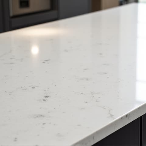 Modern kitchen featuring a large quartz island with seating in a Timberwood Park home, showcasing a seamless design that integrates functionality and style. The durable quartz surface is perfect for preparing meals and entertaining guests.