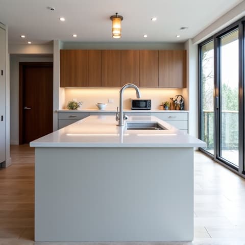 Modernized kitchen with a large island and contemporary finishes, part of a 1970s ranch home remodel. The design integrates sleek cabinetry, new countertops, and energy-efficient appliances, demonstrating a significant update from original build. This transformation enhances functionality and aesthetic appeal, perfect for San Antonio families.