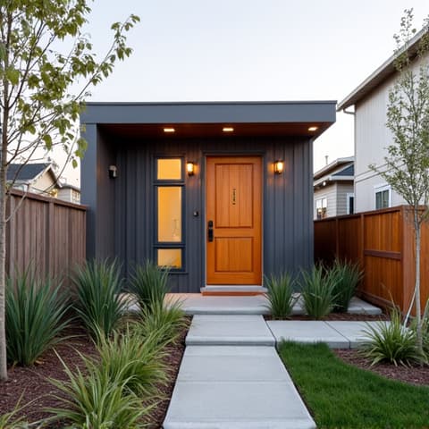 A modern mother-in-law suite exterior with landscaped entrance in San Antonio, Texas. The image shows a well-designed outdoor living space attached to a main residence, featuring contemporary architecture and accessibility ramps blending seamlessly with the home