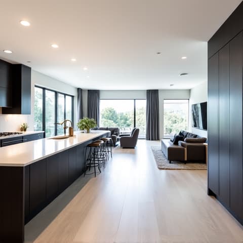 Open Concept Kitchen and Living Area Transformation in New Braunfels. The picture highlights a spacious, modern kitchen with a large island flowing seamlessly into a bright living room, perfect for family gatherings.