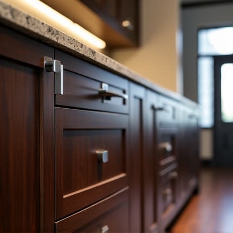 Rustic reclaimed wood cabinets in a Hill Country kitchen, showcasing unique textures and a warm, inviting atmosphere. This bespoke project emphasizes sustainable materials and handcrafted details for a charming design.