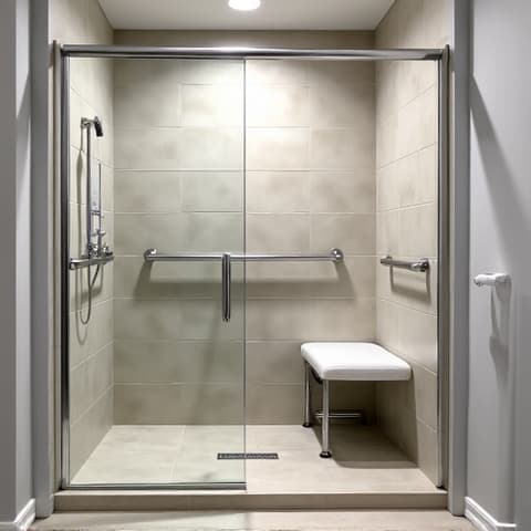 Before and after of an aging-in-place bathroom renovation in San Antonio, featuring a tub-to-shower conversion with a zero-entry design and grab bars. This photo illustrates a commitment to universal design principles for safe and comfortable bathing in a Texas home.