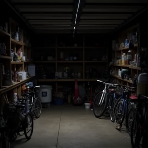 Attached Garage Guest Suite Before. A dark and cluttered garage space before conversion into a guest suite, highlighting the potential for transformation.