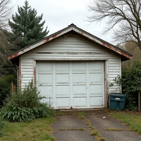 Two-Story Detached Studio Before. An exterior view of a dilapidated detached garage before its conversion into a multi-functional studio with a second story add-on.