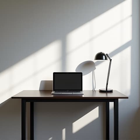 Garage to Home Office Conversion After. A clean and organized home office, transformed from a garage, complete with a built-in desk, shelving, and efficient lighting suitable for work.