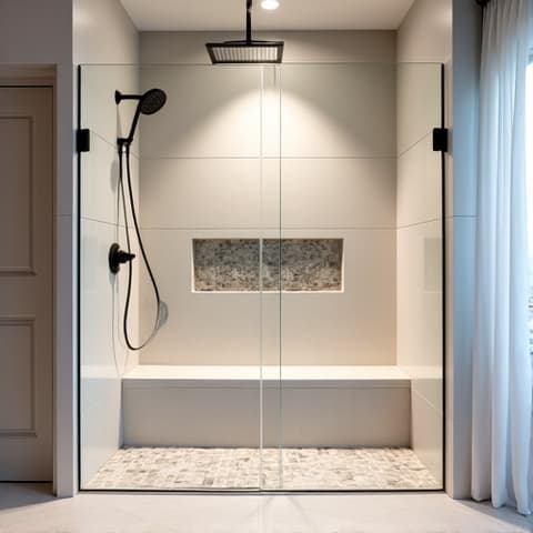 Before and after of a residential bathroom upgrade in San Antonio, featuring a new shower with a rain shower head, integrated bench, and mosaic tile accents. This transformation provides a luxurious and relaxing bathing experience for homeowners.