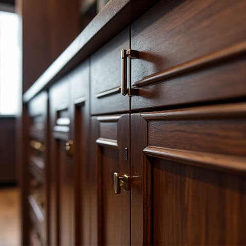 Luxury Custom Cabinetry in Timberwood Park Kitchen. A bespoke kitchen with rich, dark wood custom cabinetry, integrated appliances, and extensive storage solutions, tailored for a Timberwood Park home.