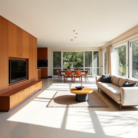 After image of a Windcrest living room, showcasing an open-concept space achieved through professional structural wall removal, utilizing low-VOC paints.