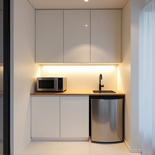 Accessible kitchenette with modern appliances and a family member cooking for an elderly relative