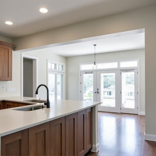 Modern open concept kitchen and living space inside a 1970s ranch home after renovation in San Antonio. Bright and spacious area with updated fixtures.