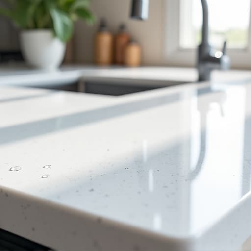 Glossy quartz countertop surface being wiped down by a hand to demonstrate easy maintenance