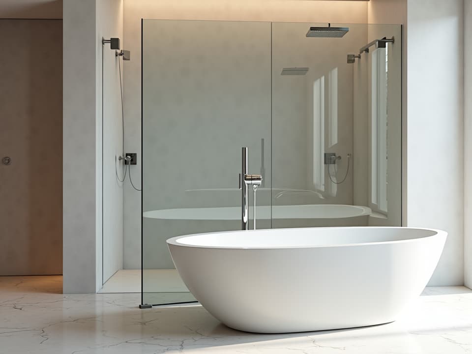 luxurious master bathroom with walk-in glass shower and freestanding tub