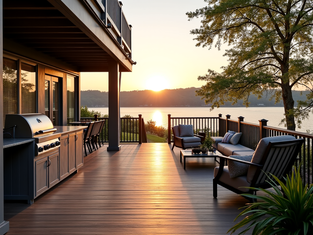 Luxurious outdoor kitchen and composite deck overlooking Canyon Lake, perfect for lakeside entertaining.