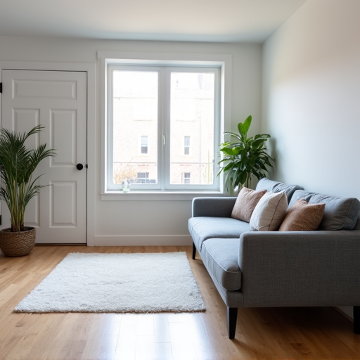 San Antonio Garage After Conversion. Modern, well-lit living space converted from a garage in San Antonio, featuring new flooring, finished walls, ample natural light, and tasteful decor. This image represents the 'after' state of a garage conversion project.
