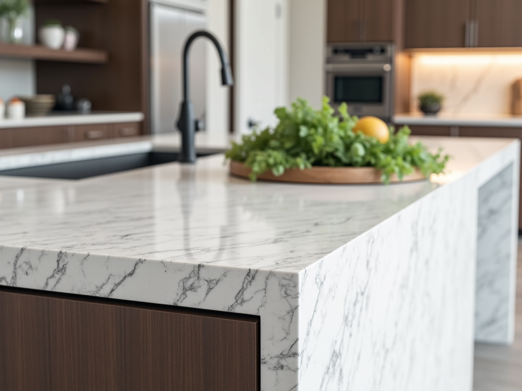 kitchen island with waterfall counter
