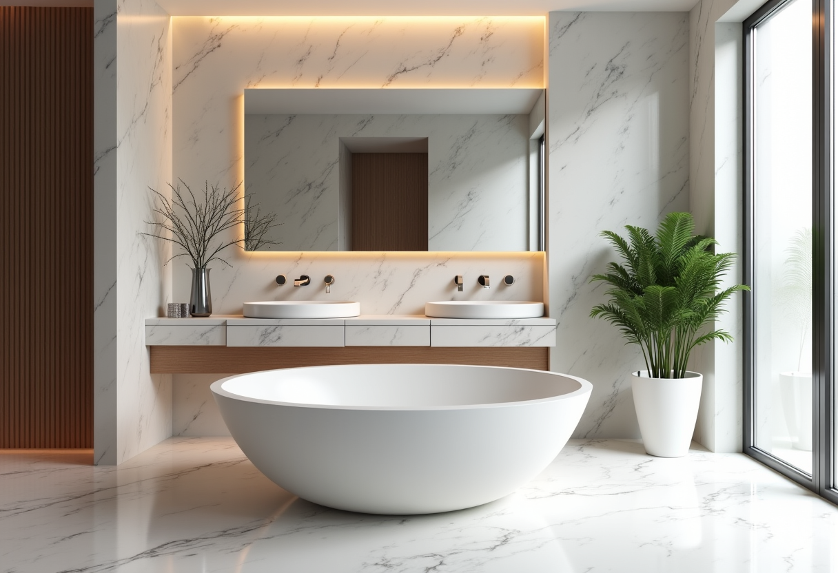 Luxurious master bathroom with a large freestanding tub and elegant tile work, designed for a San Antonio home.