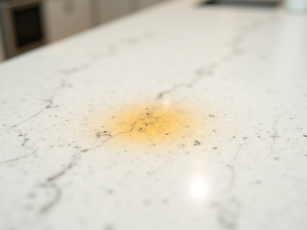 Quartz countertop with a yellow heat stain from a hot pot in a San Antonio kitchen
