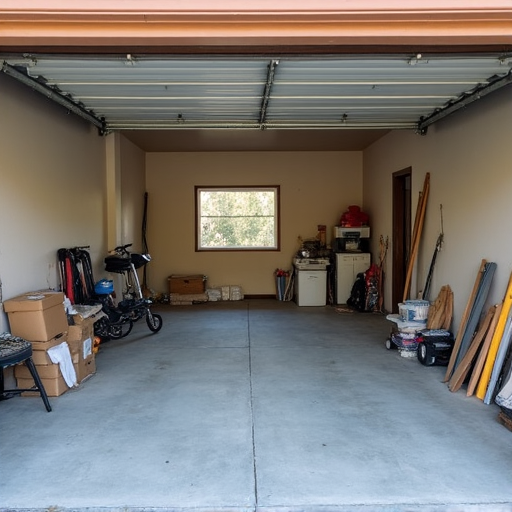 San Antonio Garage Before Conversion. Empty, cluttered garage in San Antonio before a renovation, showing concrete floor, unpainted walls, and various storage items. This image represents the 'before' state of a garage conversion project.