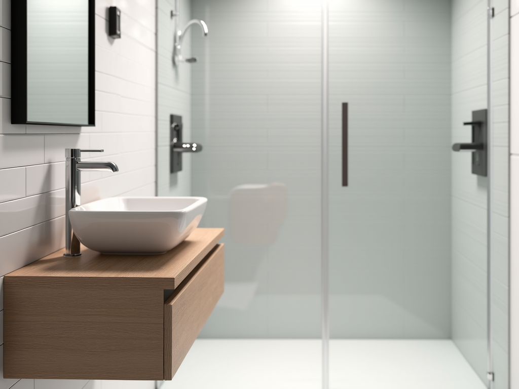 Modern small bathroom redesign in San Antonio with floating vanity and glass shower