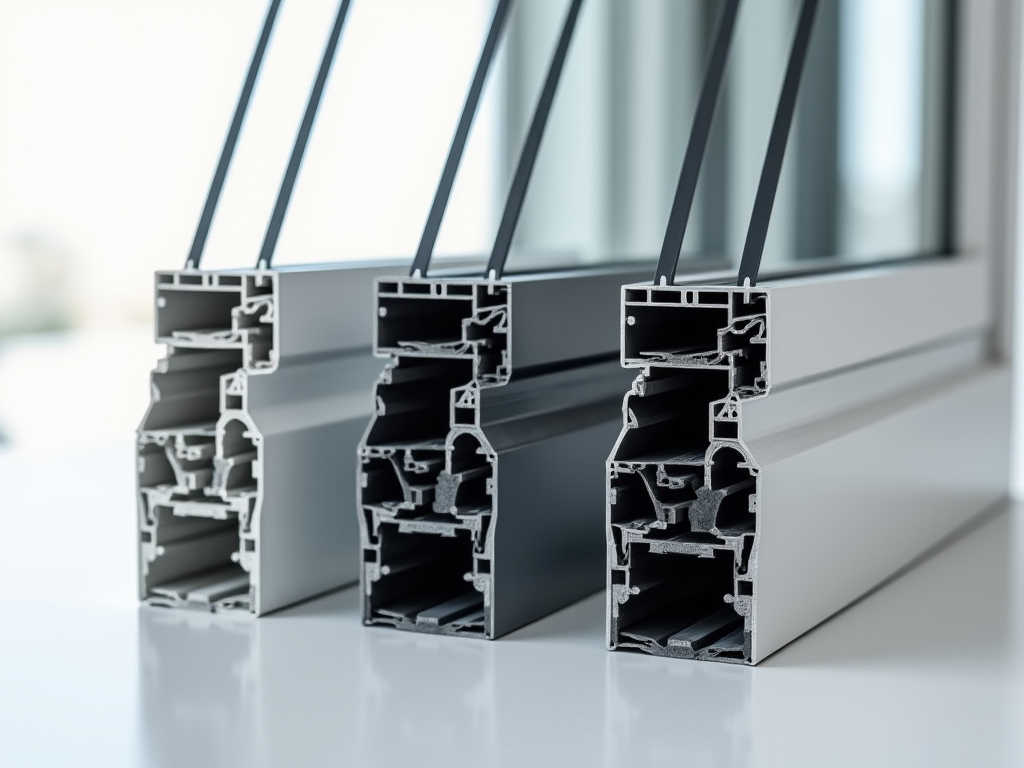 Vinyl, Fibrex, and Aluminum window frames displayed side-by-side